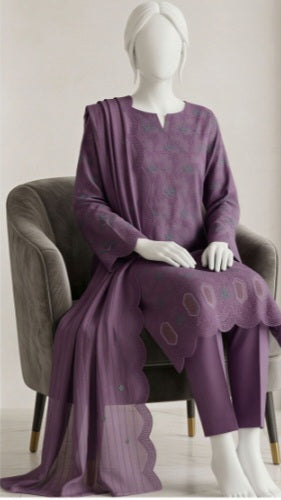 Gracefully Lavender Emb Lawn 3Pcs Suit - Unstitched - Utsav