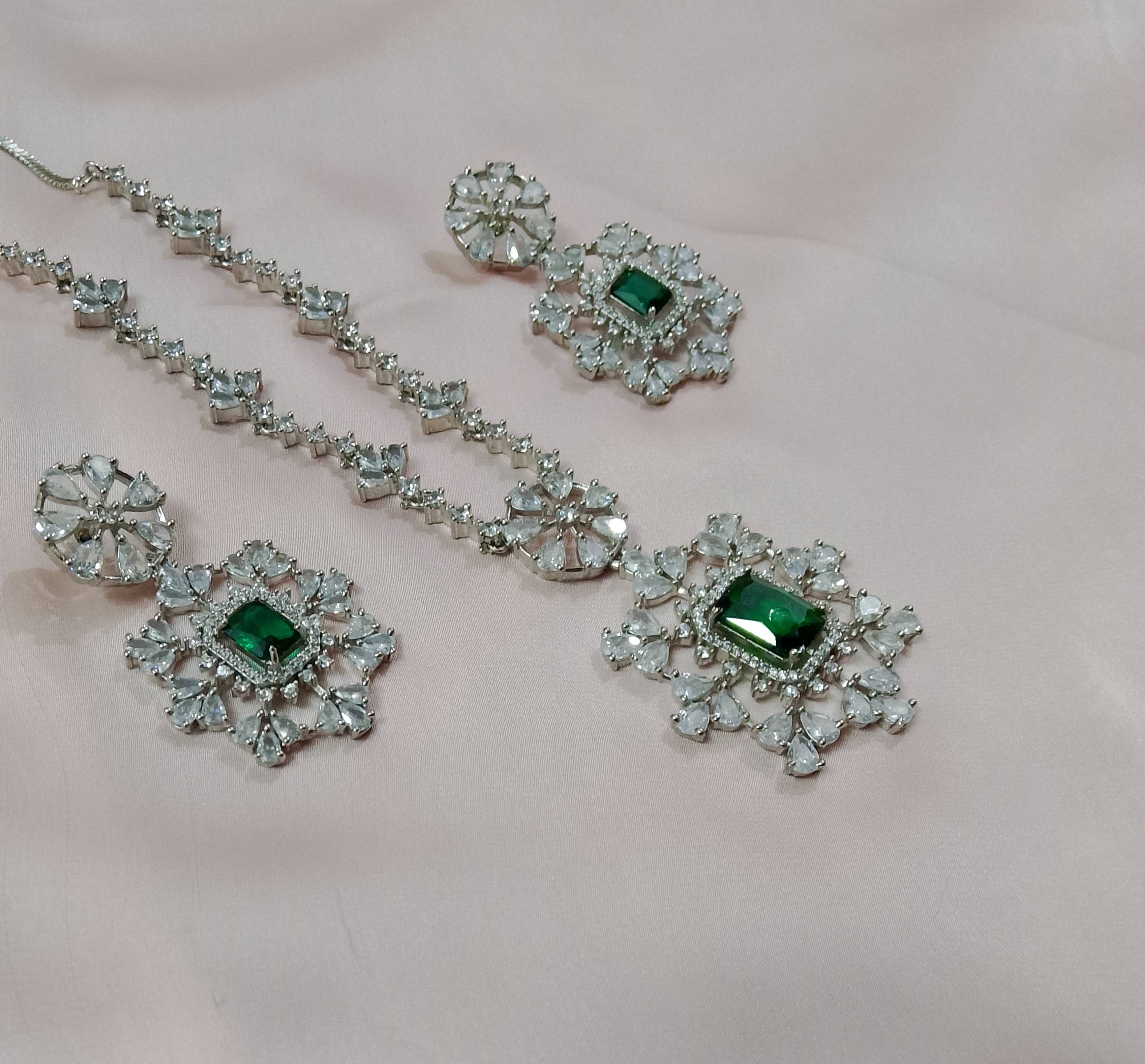 Emerald Royale Zircon Jewelry Set Necklace, Earrings & Tikka - Hina Jewellery