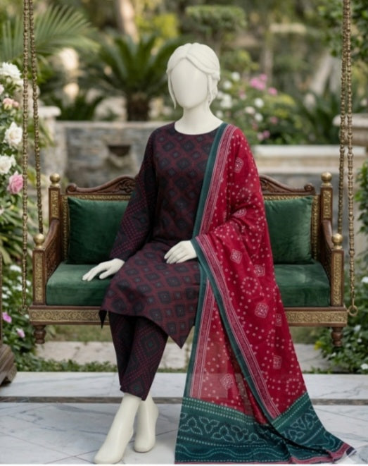 Elegant Maroon Lawn 3Pcs Suit - Unstitched - Utsav