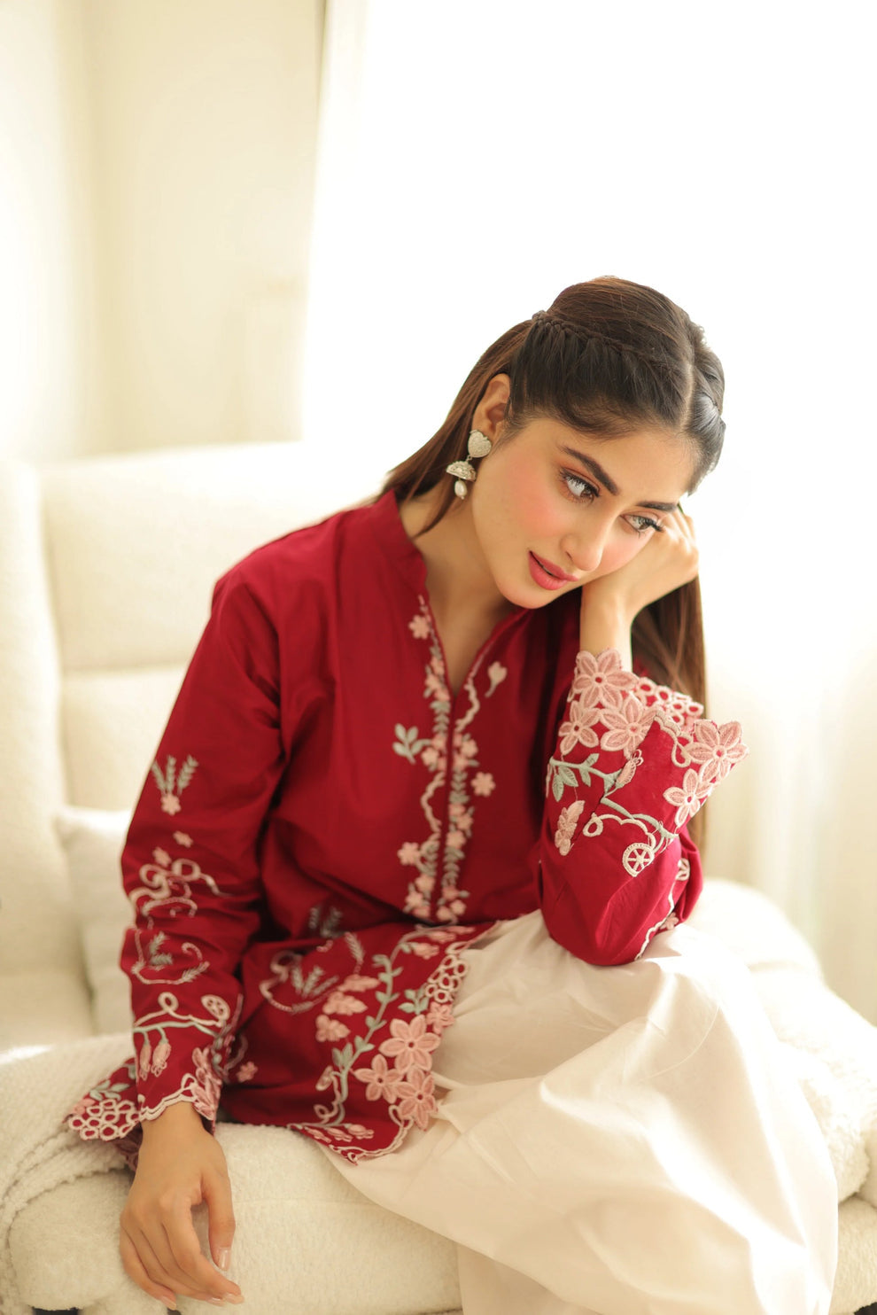 Crimson Embroidered 3PC Suit - Urban Haya