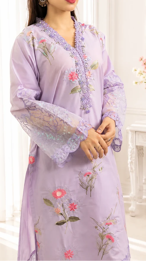 Lavender Bloom Embroidered 3 Piece Suit - Sit-ul-Banat