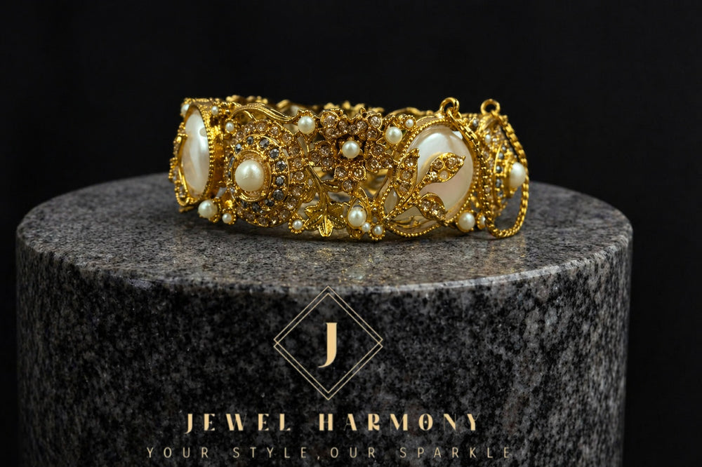 Royal Pearl Floral Gold Bangles Pair - Jewel Harmony