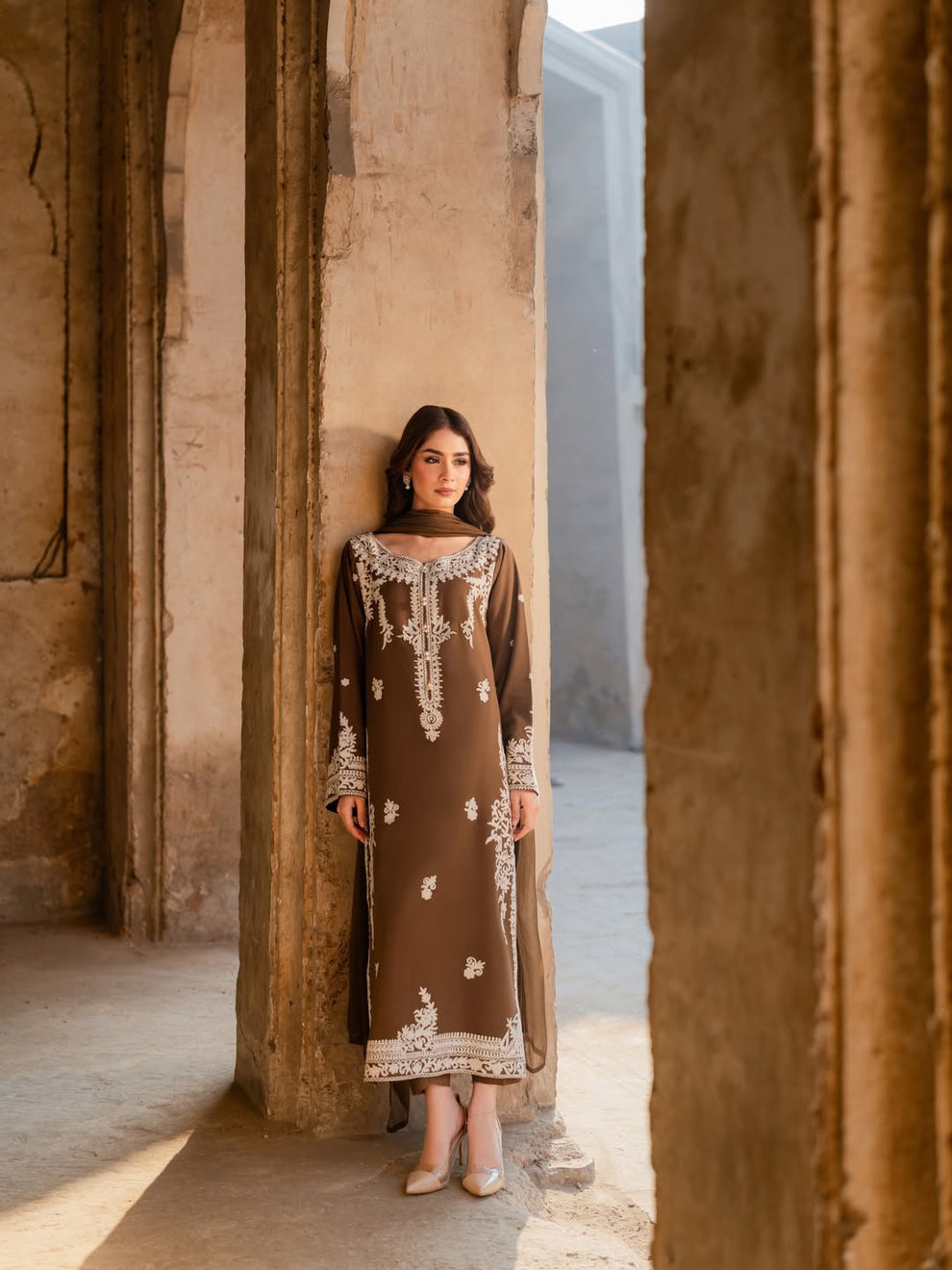 Camel Brown Embroidered 3 Piece Suit - Urban Haya