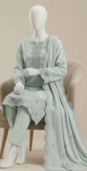 Serene Mint Green Emb Lawn 3Pcs Suit - Unstitched - Utsav
