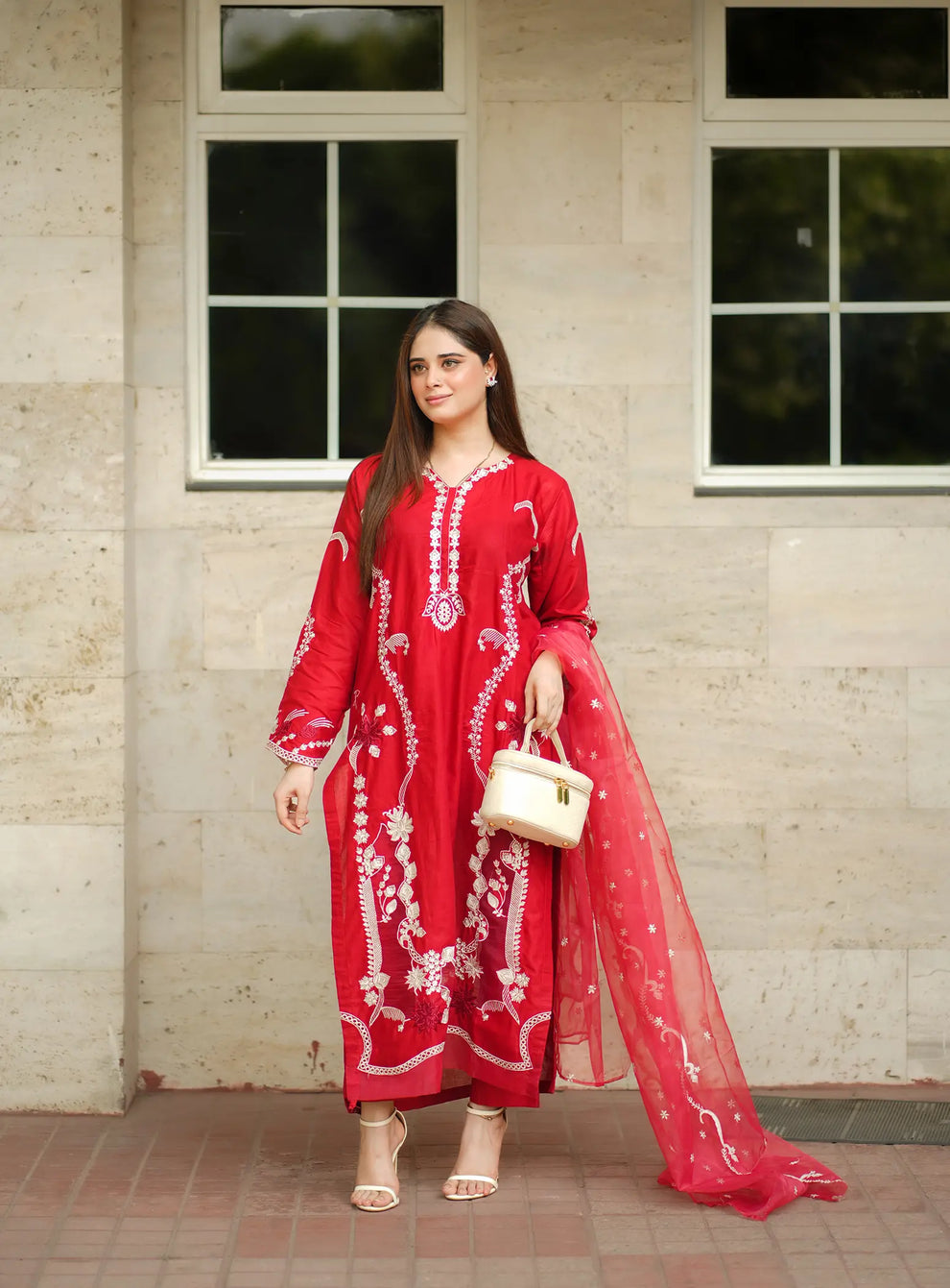 Red Reverie Embroidered 3 Piece Suit - Urban Haya