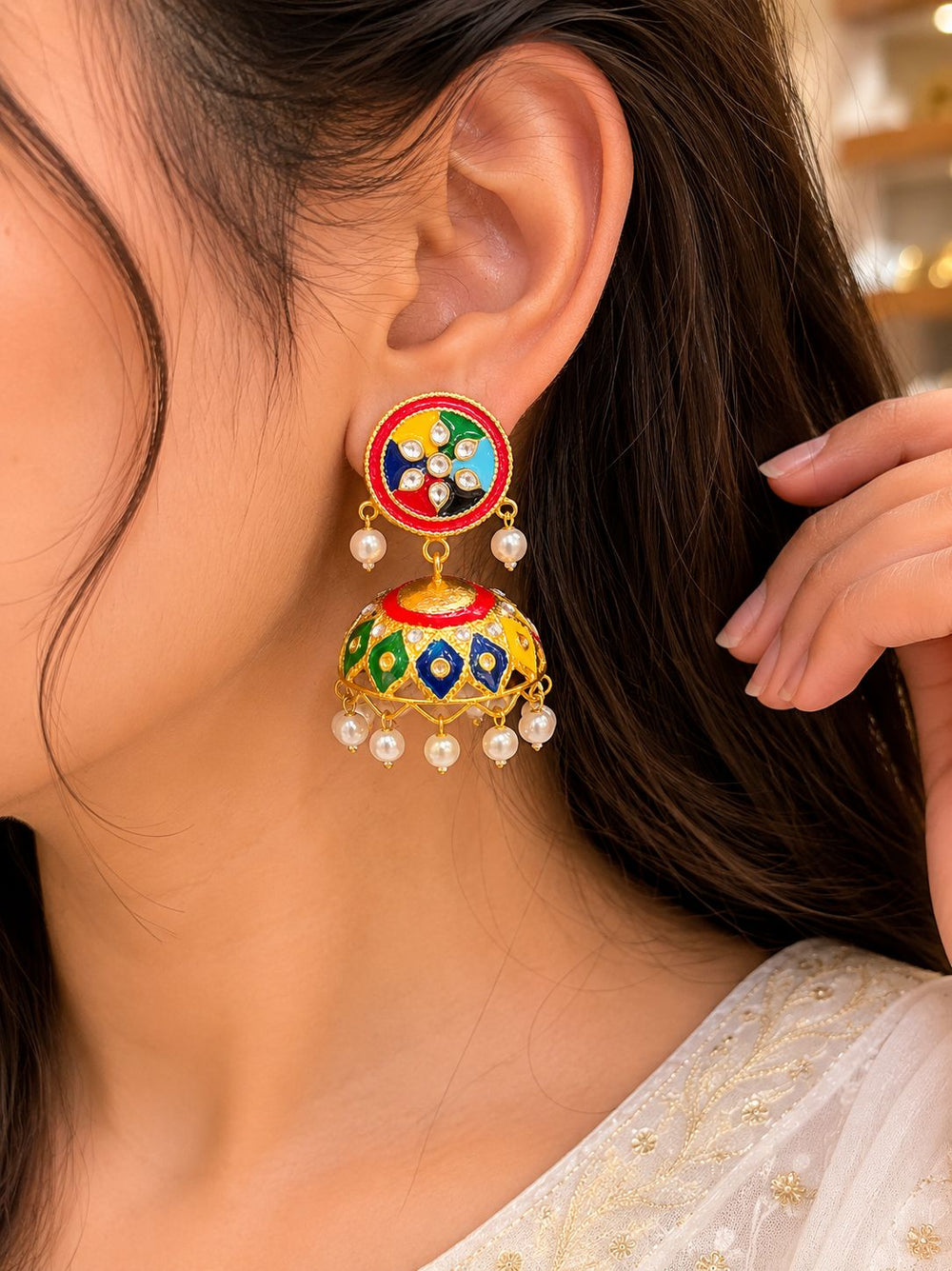 Multi Color Meenakari Jhumki Earrings with Pearl Drops - Jewel Harmony