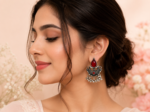 Ruby Crescent Jhumki Earrings - Zaroon