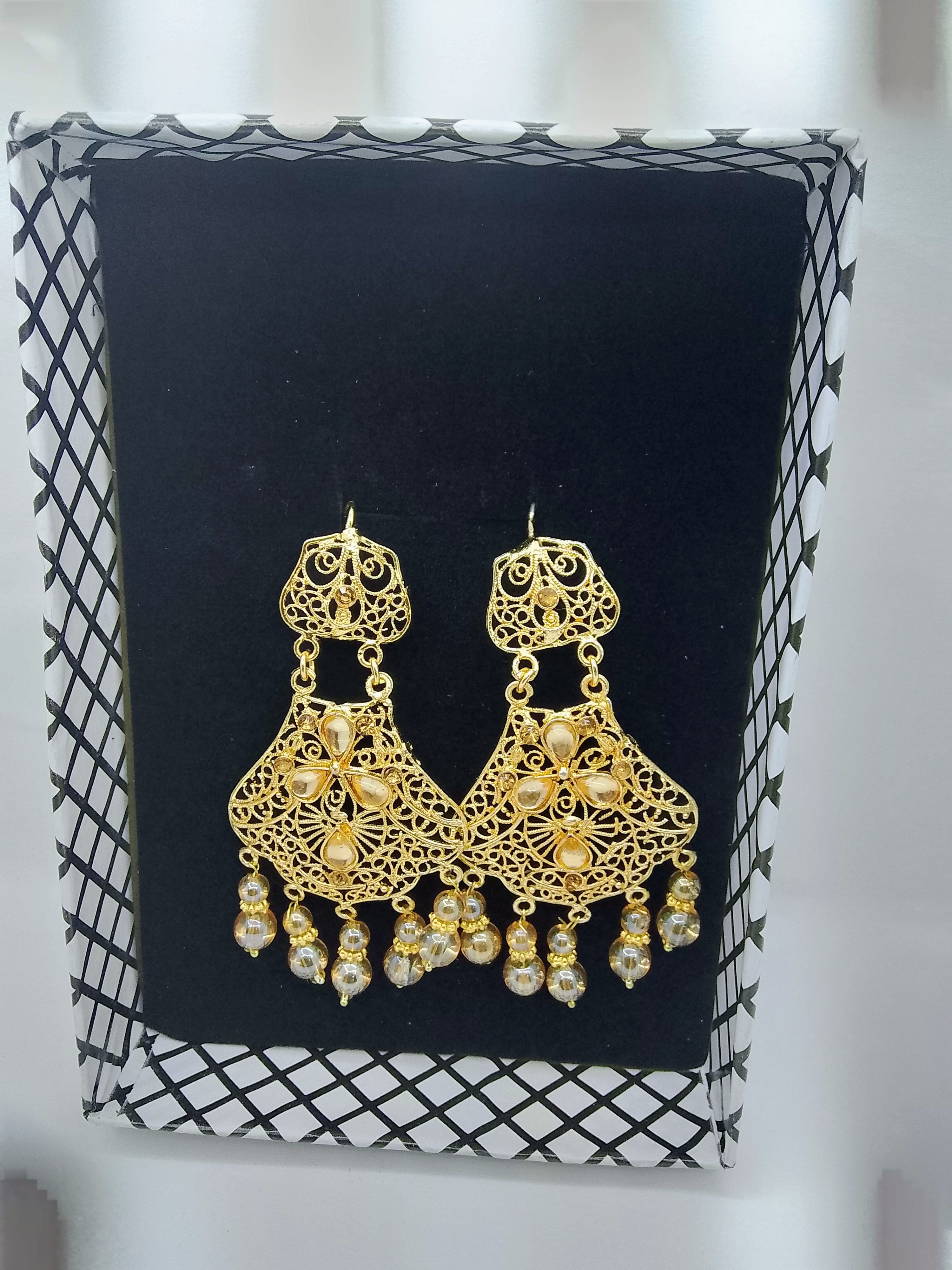 Golden Filigree Pearl Drop Earrings Wedding Party Wear - Hina Jewellery
