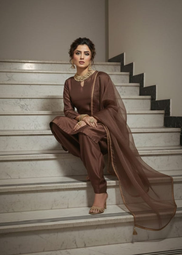 Walnut-Farshi 3-Piece Stitched Suit - Rang-e-Meeras