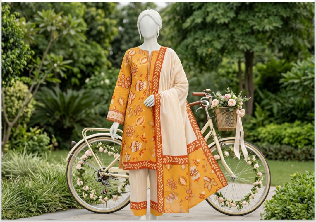 Golden Blossom Lawn 3Pcs Suit - Unstitched - Utsav