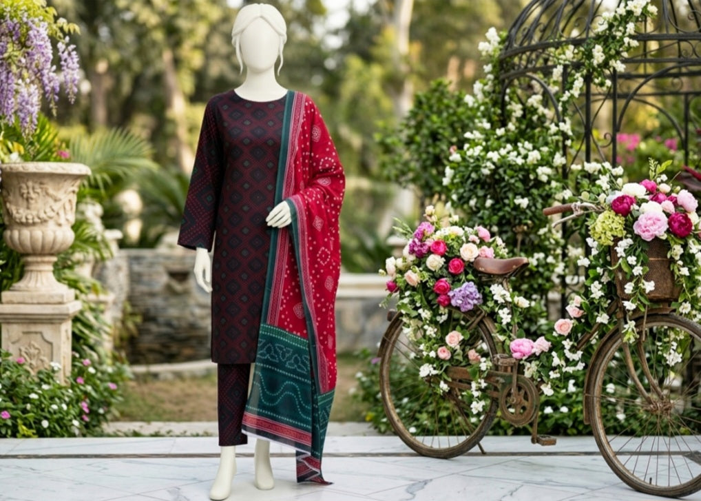 Elegant Maroon Lawn 3Pcs Suit - Unstitched - Utsav