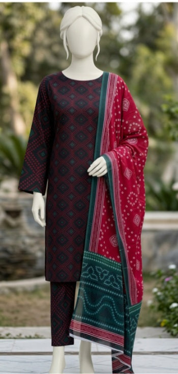 Elegant Maroon Lawn 3Pcs Suit - Unstitched - Utsav