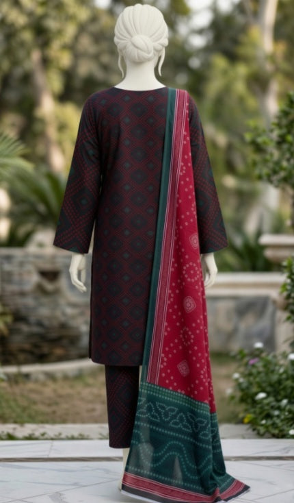 Elegant Maroon Lawn 3Pcs Suit - Unstitched - Utsav