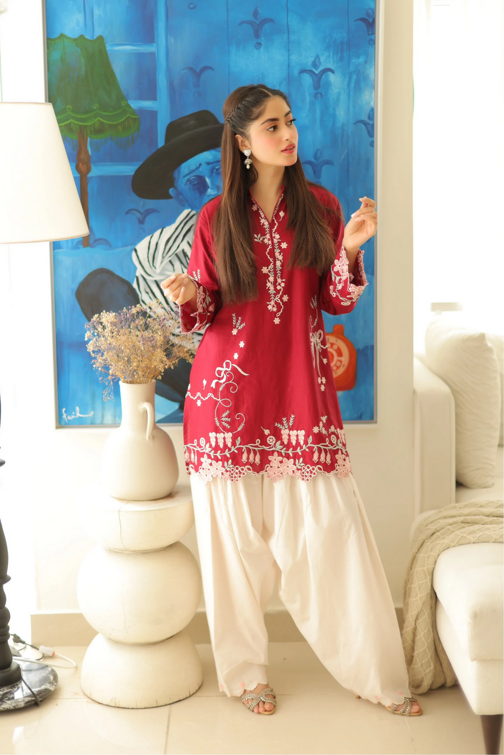 Crimson Embroidered 3PC Suit - Urban Haya