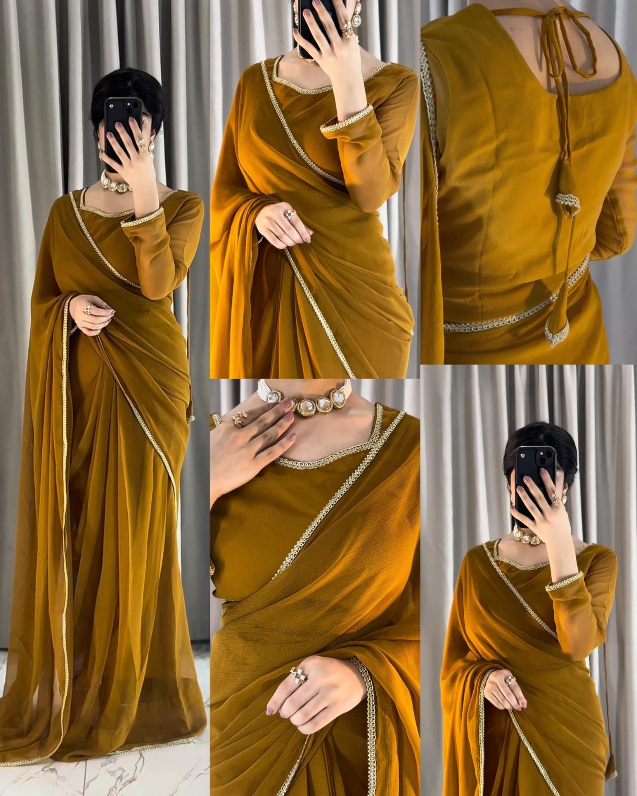 Sweetheart Neckline Shape Blouse with Chiffon Saree - Pachrangi