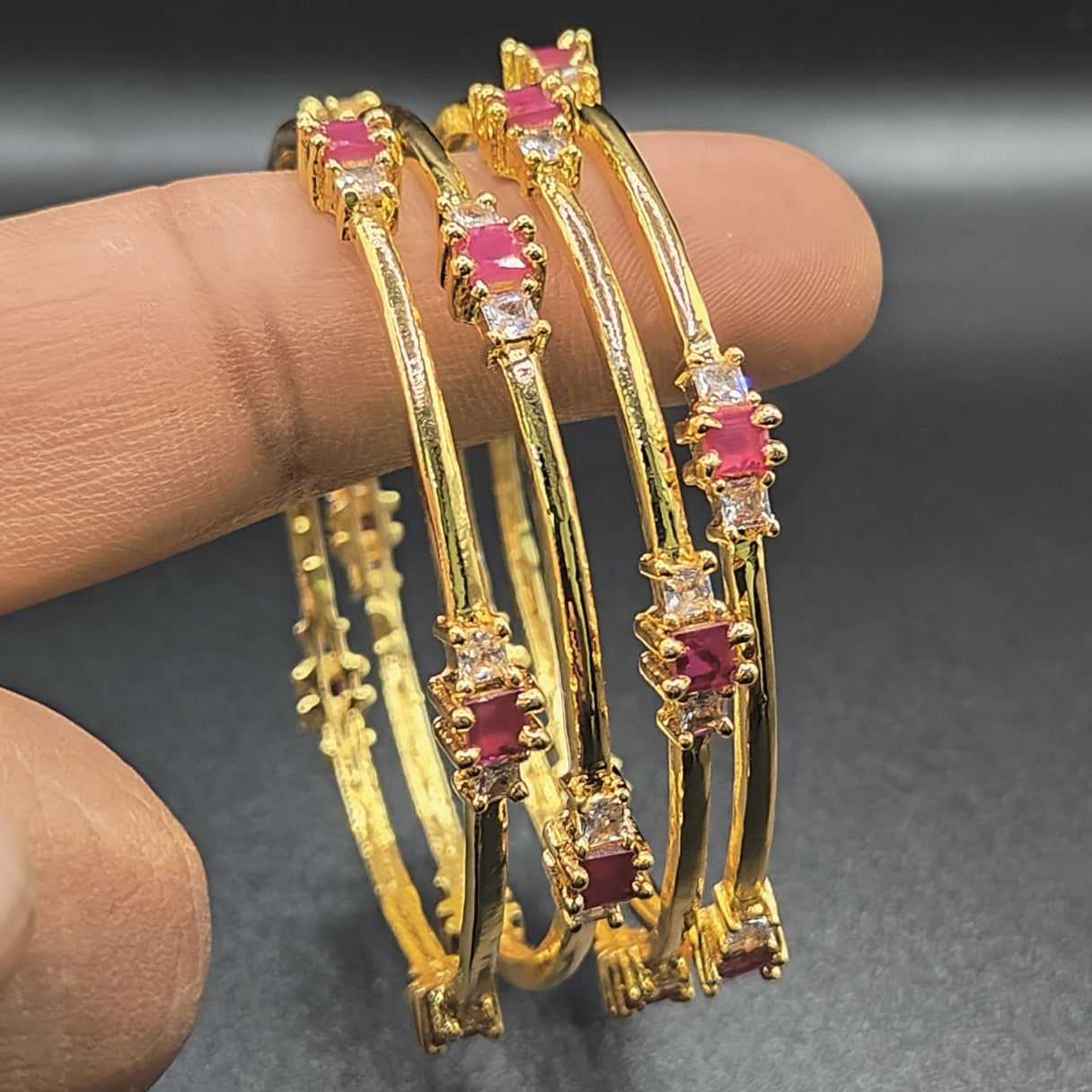 American Diamond And Ruby Bangles Pair - Aloro Jewels