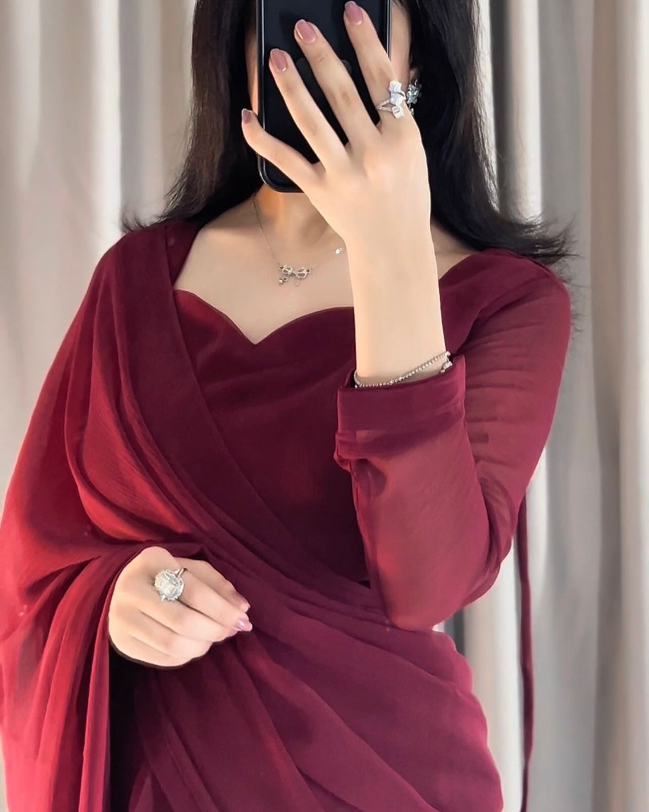 Sweetheart Neckline Shape Blouse with Chiffon Saree - Pachrangi