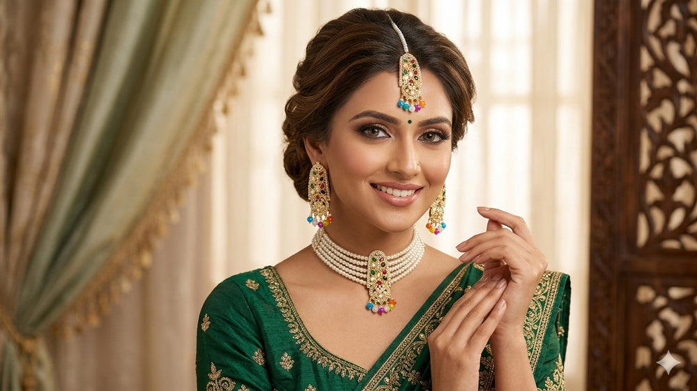 Multicolor Kundan Pearl Choker, Earrings & Tikka Set - Jewel Harmony