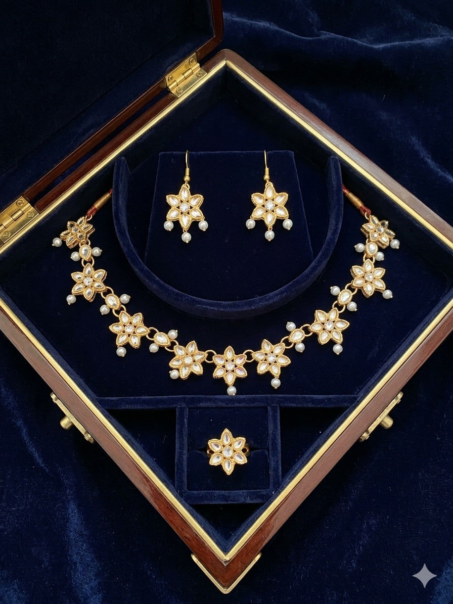 Kundan Floral Necklace, Earrings & Ring Set – Imitation Gold - Jewel Harmony