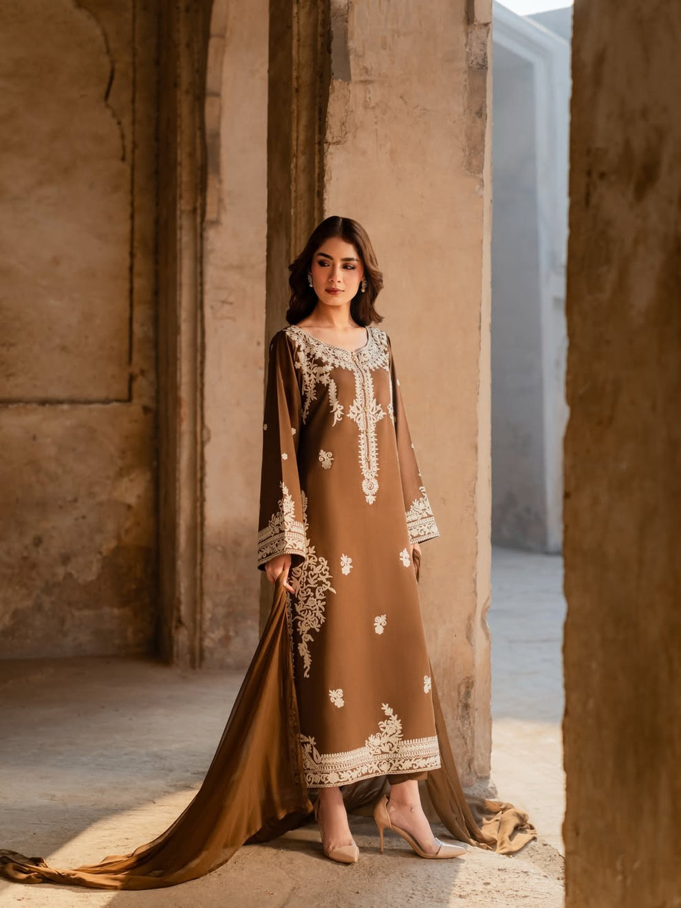 Camel Brown Embroidered 3 Piece Suit - Urban Haya