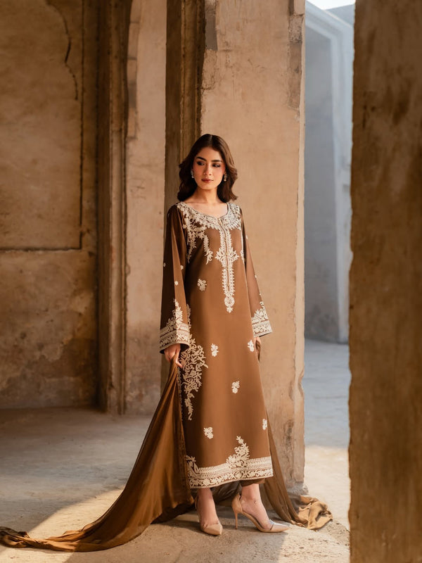 Camel Brown Embroidered 3 Piece Suit - Urban Haya