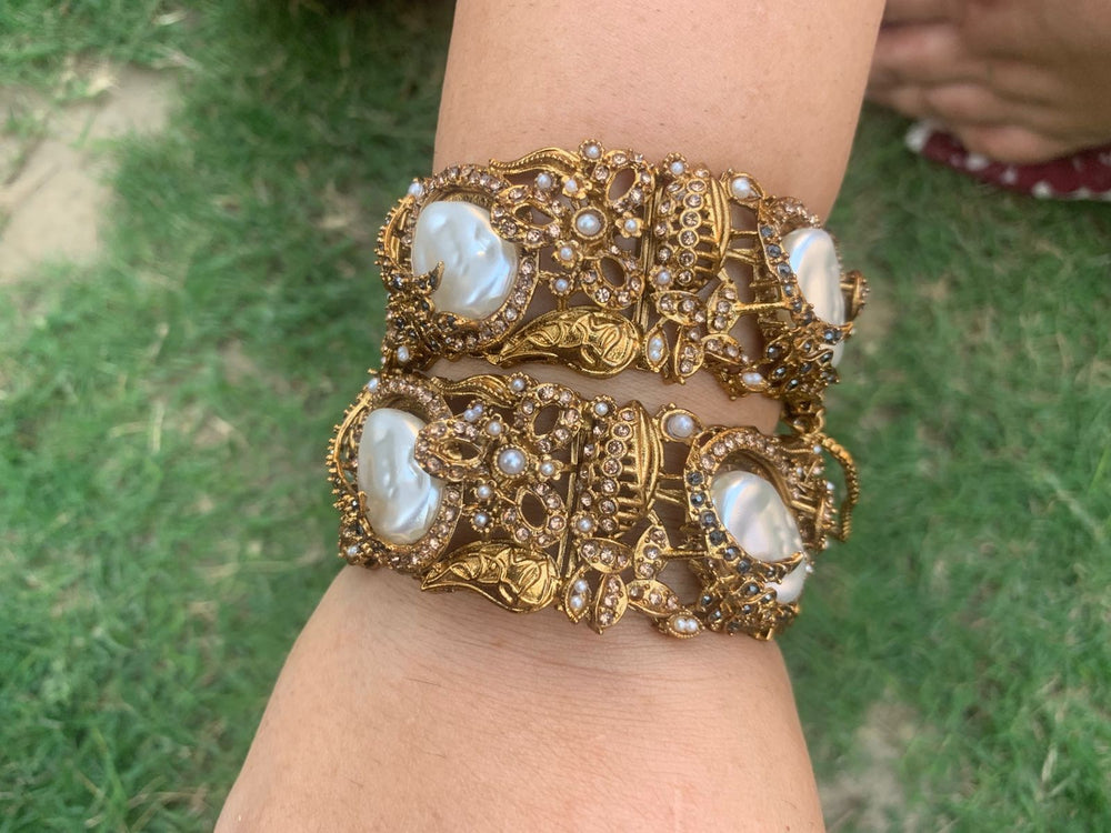 Golden Mother of Pearl Turkish Bangle Pair - Jewel Harmony