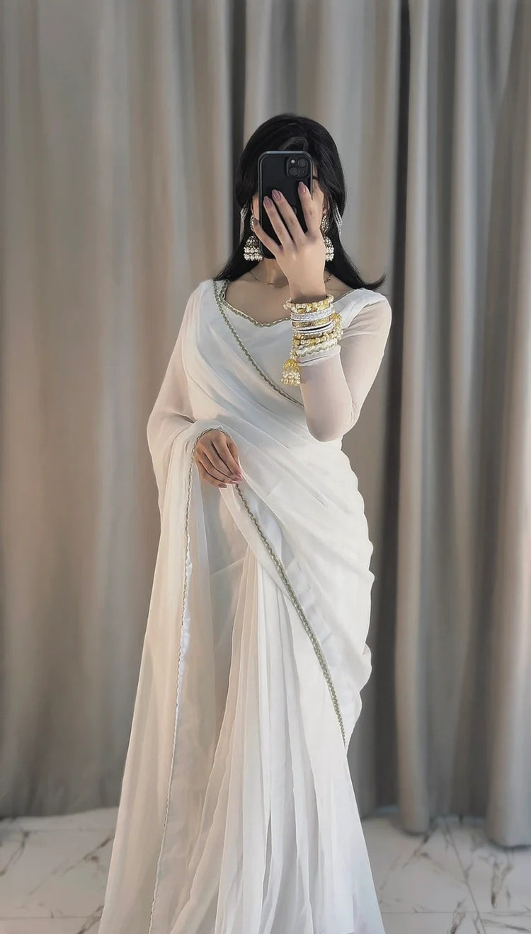 Square Neckline Shape Blouse with Chiffon Saree - Off White - Pachrangi