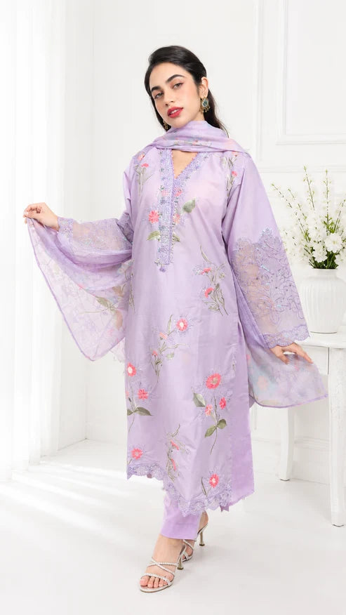 Lavender Bloom Embroidered 3 Piece Suit - Sit-ul-Banat