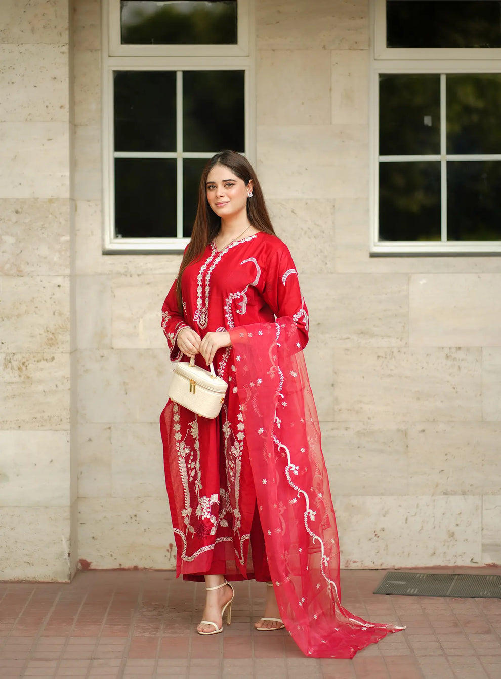 Red Reverie Embroidered 3 Piece Suit - Urban Haya
