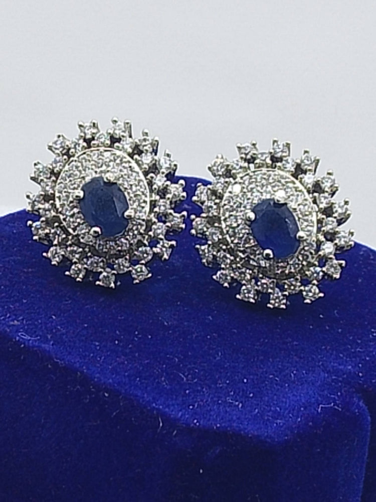 Midnight Royal Sapphire Studs Silver Crystal Halo Earrings - Hina Jewellery