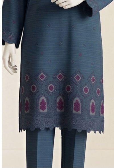 Elegant Teal Blue Emb Lawn 3Pcs Suit - Unstitched - Utsav
