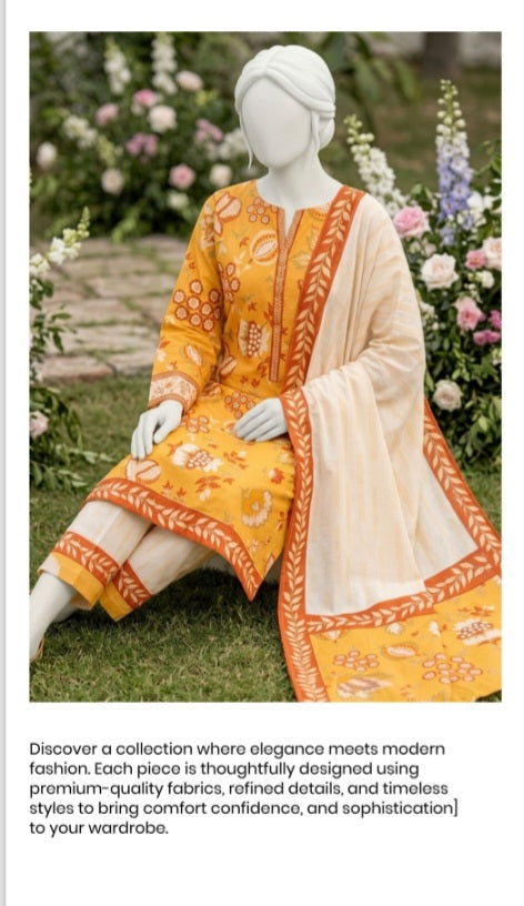 Golden Blossom Lawn 3Pcs Suit - Unstitched - Utsav