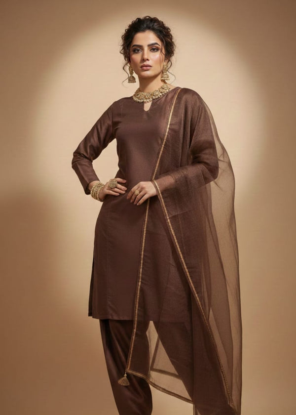 Walnut-Farshi 3-Piece Stitched Suit - Rang-e-Meeras