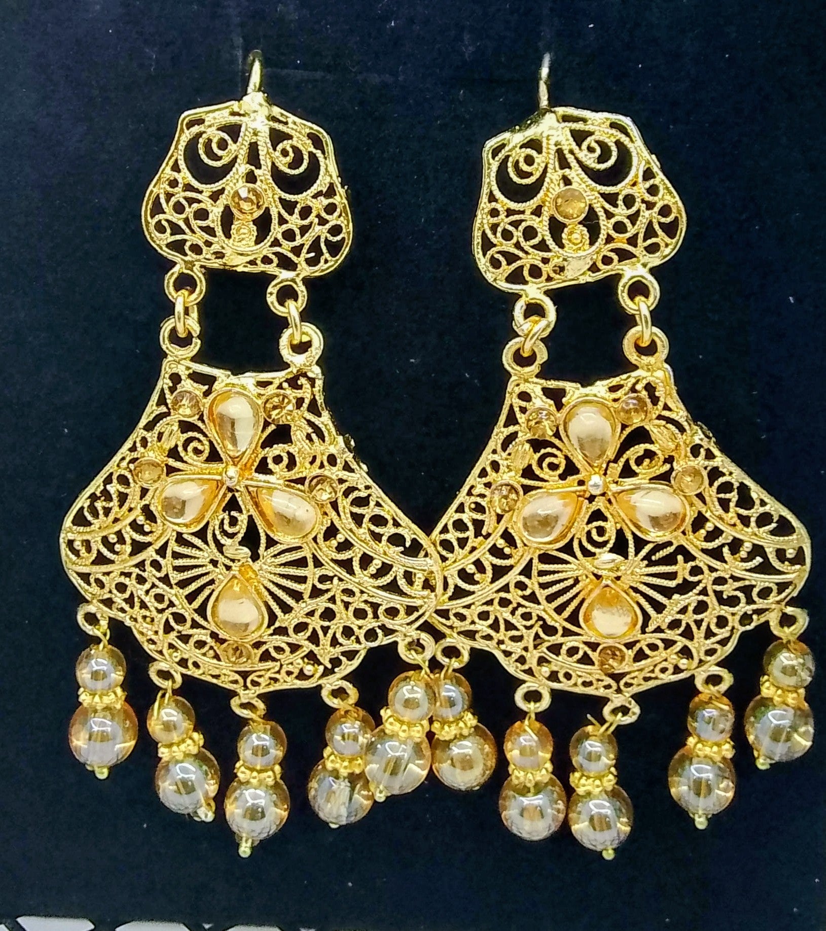 Golden Filigree Pearl Drop Earrings Wedding Party Wear - Hina Jewellery