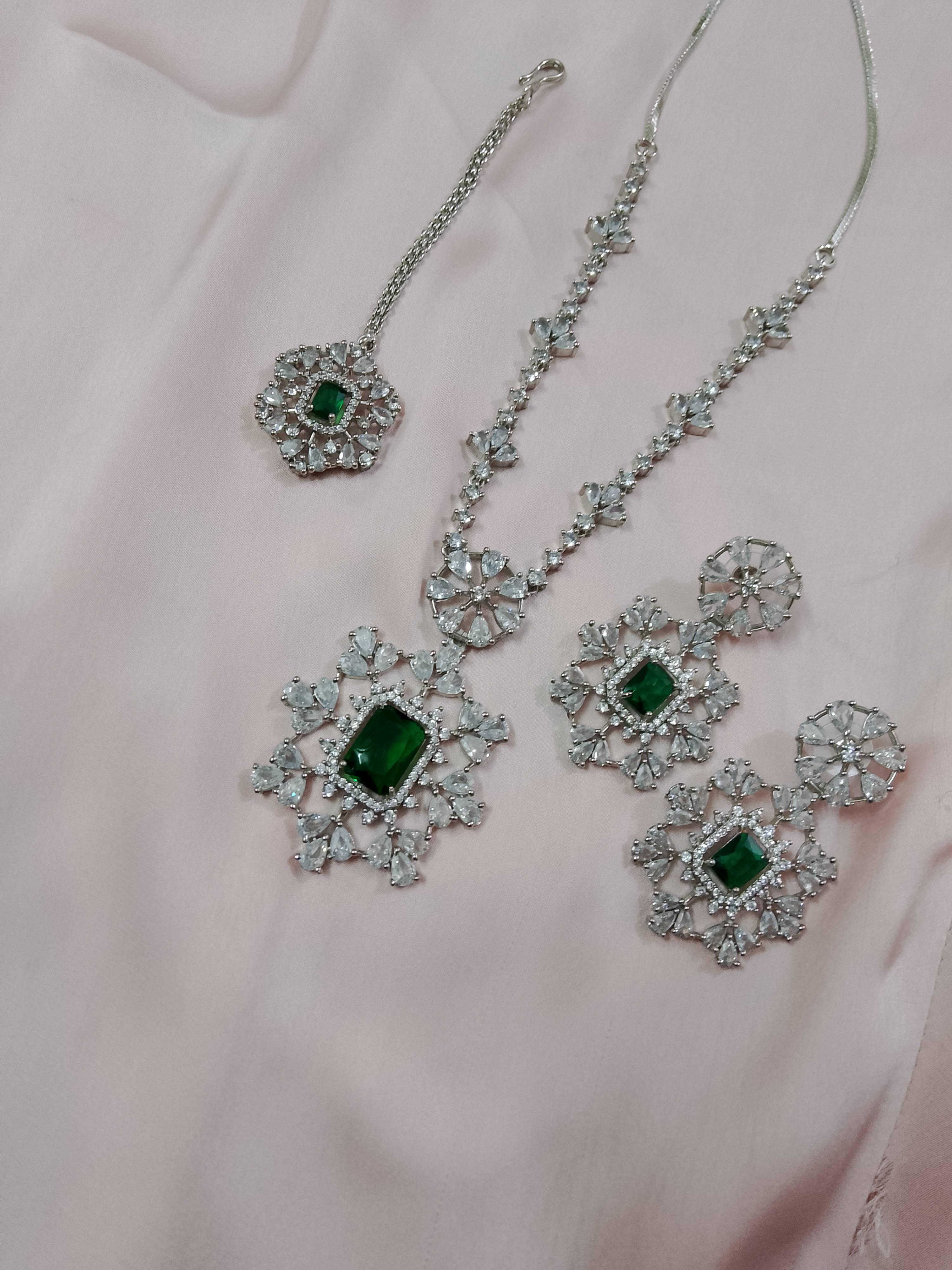 Emerald Royale Zircon Jewelry Set Necklace, Earrings & Tikka - Hina Jewellery