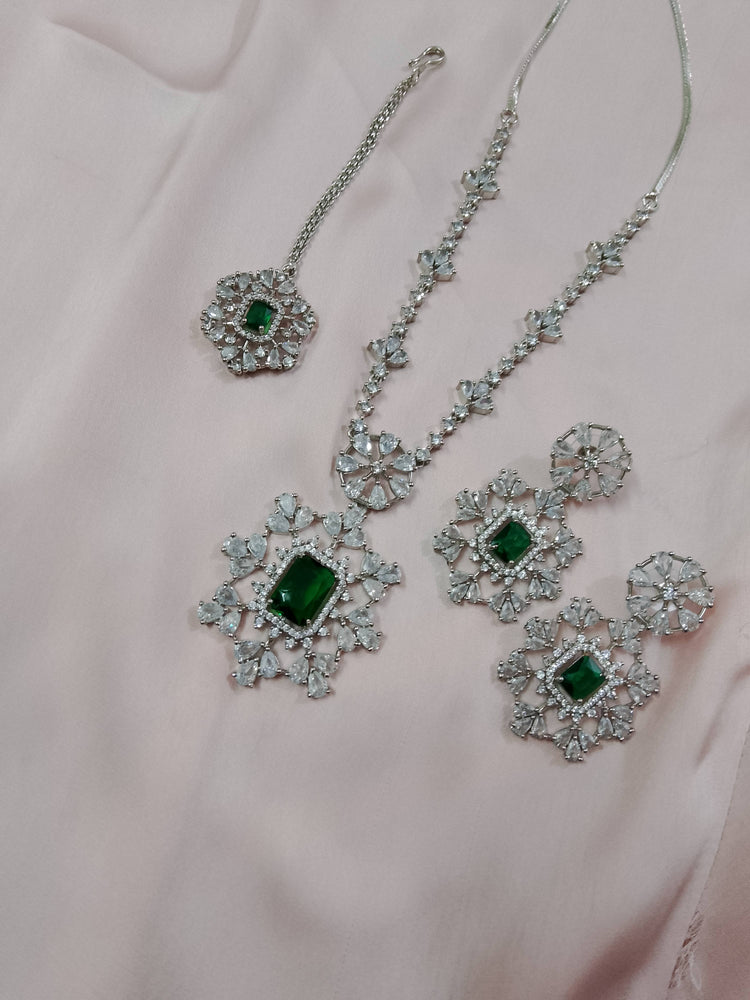 Emerald Royale Zircon Jewelry Set Necklace, Earrings & Tikka - Hina Jewellery