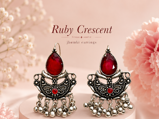Ruby Crescent Jhumki Earrings - Zaroon