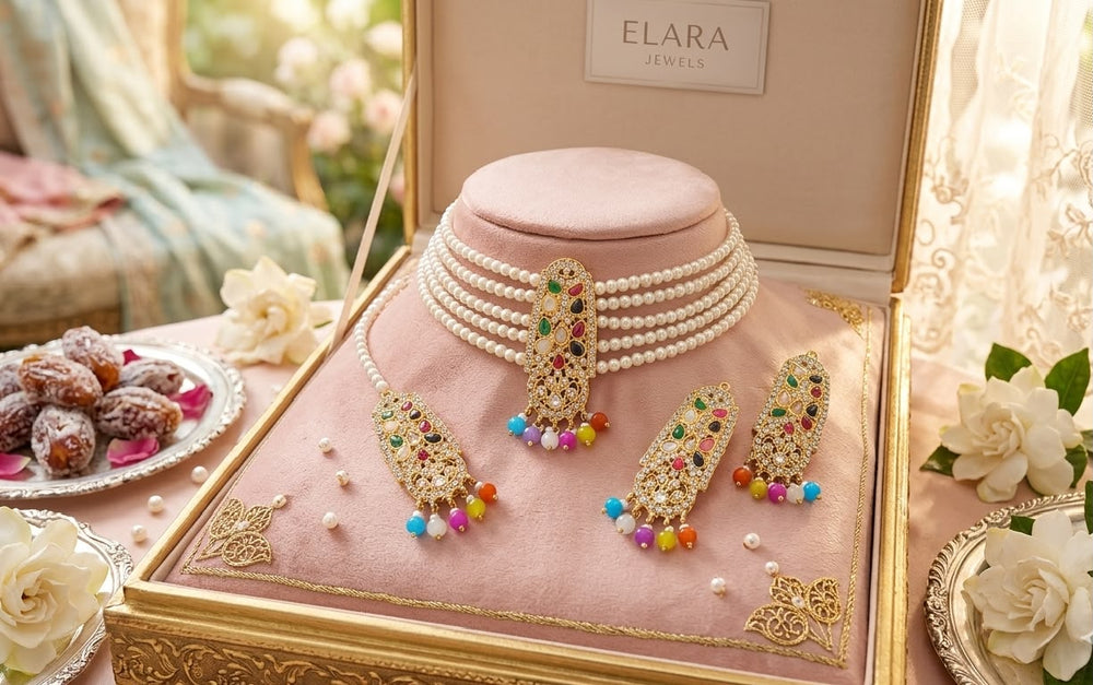 Multicolor Kundan Pearl Choker, Earrings & Tikka Set - Jewel Harmony