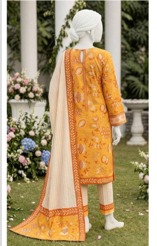 Golden Blossom Lawn 3Pcs Suit - Unstitched - Utsav