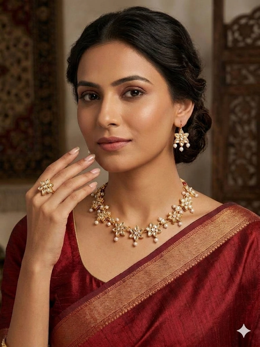 Kundan Floral Necklace, Earrings & Ring Set – Imitation Gold - Jewel Harmony
