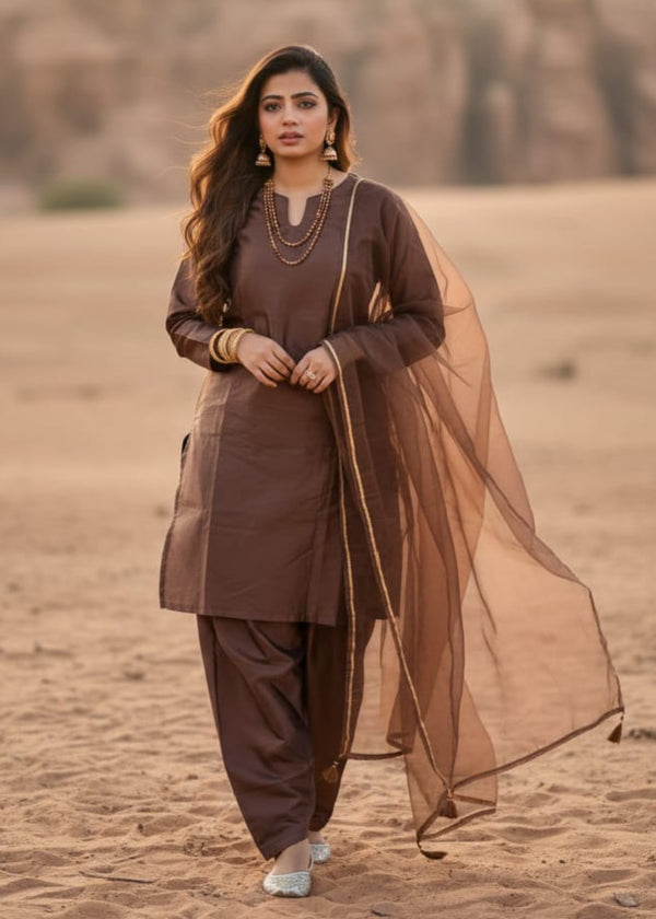 Walnut-Farshi 3-Piece Stitched Suit - Rang-e-Meeras