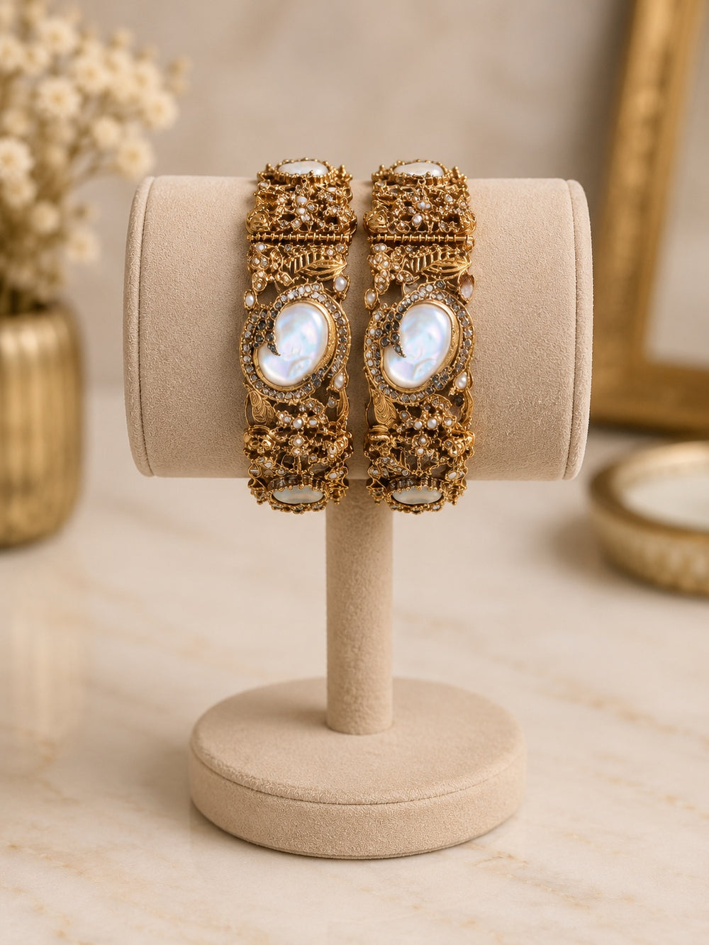 Golden Mother of Pearl Turkish Bangle Pair - Jewel Harmony