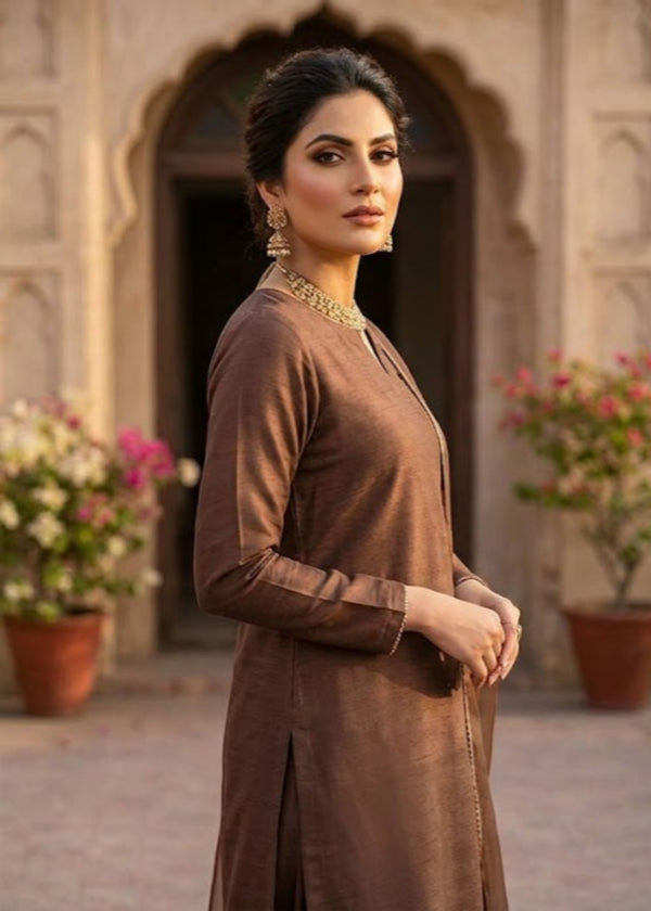Walnut-Farshi 3-Piece Stitched Suit - Rang-e-Meeras