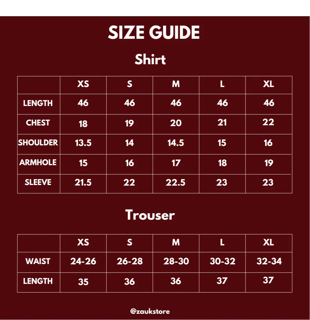 size chart of shirt and trouser in inches.